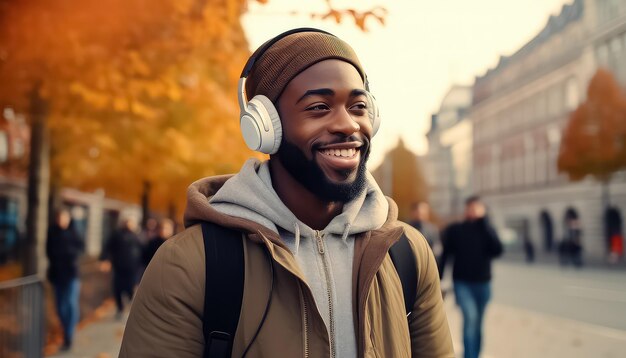 Retrato de un hombre afroamericano con auriculares caminando en la ciudad de otoño