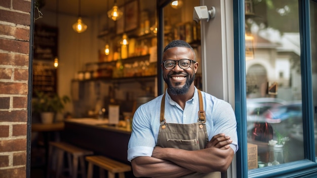 Retrato de un hombre afroamericano feliz parado en la puerta de su tienda Una camarera madura alegre esperando a los clientes en la cafetería Propietario de pequeñas empresas Ai generativo