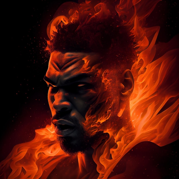 Retrato de hombre afroamericano en fuego épico avatar 3d render ilustración