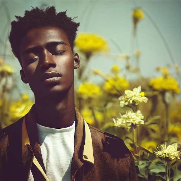 Retrato de hombre afroamericano con los ojos cerrados y flores en representación 3d de fondo