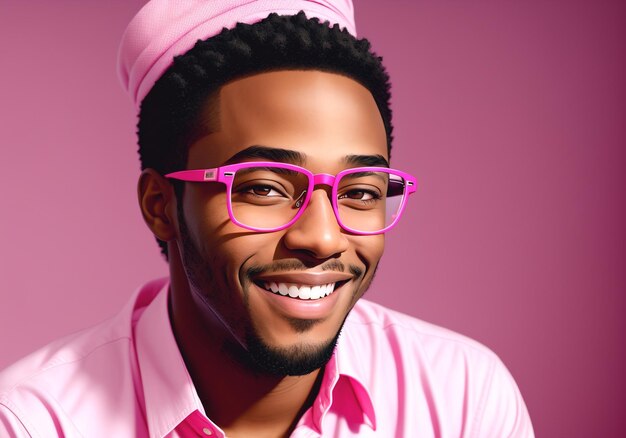 Retrato de un hombre afroamericano sonriente con peinado afro con gafas rosadas