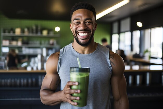 Retrato de un hombre afroamericano sonriente sosteniendo un batido verde en un estudio de fitness