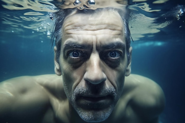 Retrato de un hombre bajo el agua en el océano mirando a la cámara.