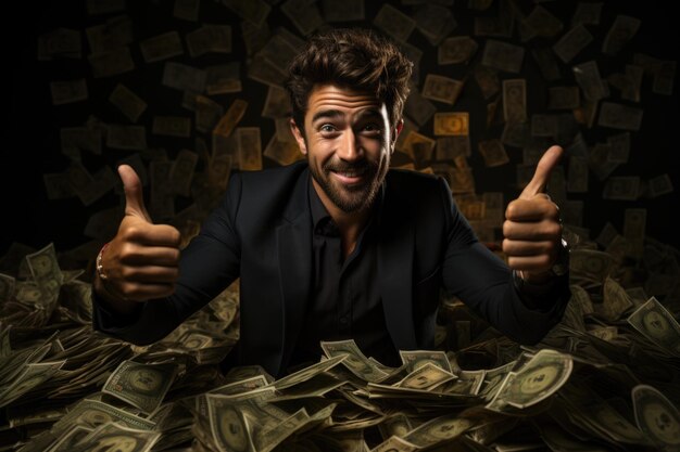 Retrato de un hombre alegre señalando con el dedo una gran cantidad de billetes de dinero en blanco ba generativo IA