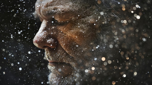 Retrato de un hombre anciano con elementos de partículas brillantes y estrellas brillantes en una cara