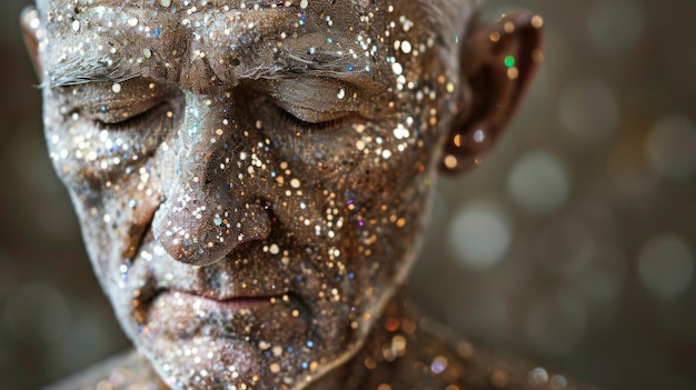 Retrato de un hombre anciano con elementos de partículas brillantes y estrellas brillantes en una cara