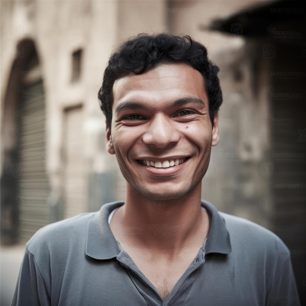 Retrato de hombre árabe egipcio con cara afilada de pelo negro con fondo de calle de construcción