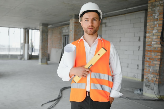 Retrato de hombre arquitecto en el sitio de construcción Gerente de construcción confiado usando casco Ingeniero civil maduro exitoso en el sitio de construcción con espacio de copia