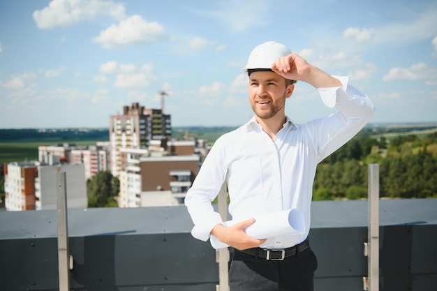 Retrato de hombre arquitecto en el sitio de construcción Gerente de construcción confiado usando casco Ingeniero civil maduro exitoso en el sitio de construcción con espacio de copia