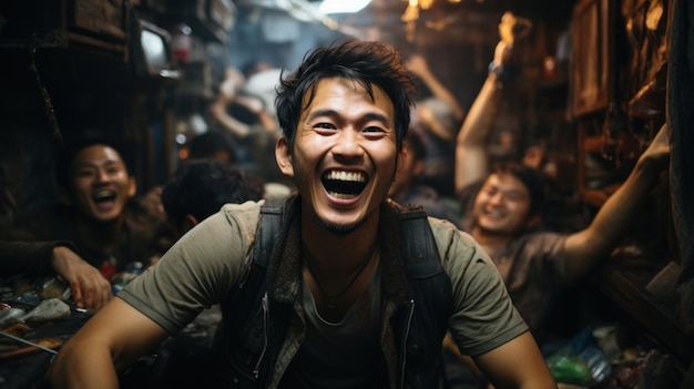 Retrato de un hombre asiático borracho riéndose en el comedor con amigos