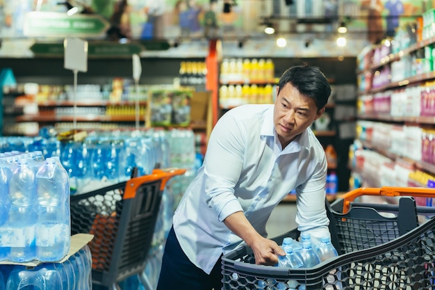 Retrato de un hombre asiático en crisis comprando agua en un supermercado