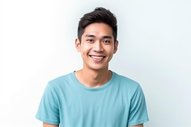 Retrato de hombre asiático feliz en camiseta azul sobre fondo blanco aislado