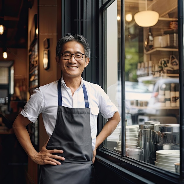 Retrato de un hombre asiático feliz parado en la puerta de su tienda Una camarera madura y alegre esperando a los clientes en la cafetería Propietario de pequeñas empresas Ai generativo