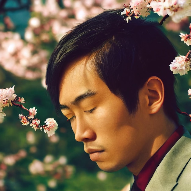 Retrato de hombre asiático con los ojos cerrados y flores en representación 3d de fondo