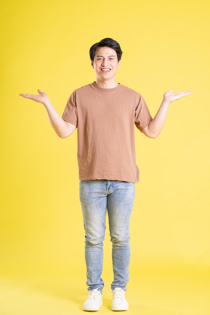Retrato de un hombre asiático posando sobre un fondo amarillo