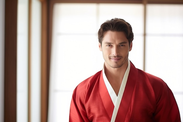 Foto retrato, de, hombre asiático, en, rojo, kimono