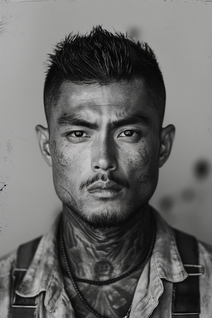 Retrato de un hombre asiático con tatuajes de la mafia Yakuza Vieja fotografía de película retro en blanco y negro Mugshot de un criminal arrestado