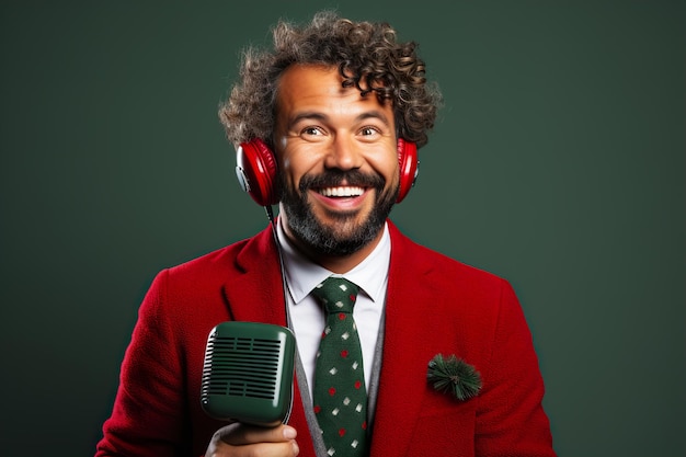 Retrato de hombre atractivo en traje rojo de Navidad humor navideño