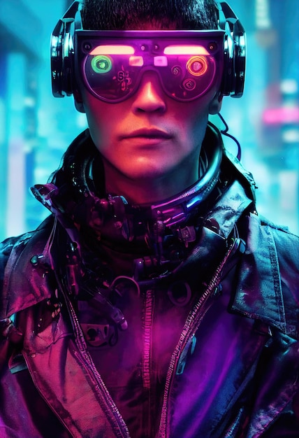 Foto retrato de un hombre con auriculares cyberpunk, gafas virtuales de neón y equipo cyberpunk