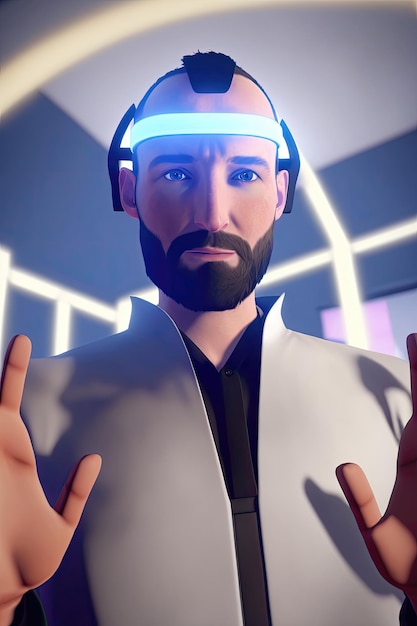 Foto retrato de un hombre avatar barbudo en un casco de realidad virtual