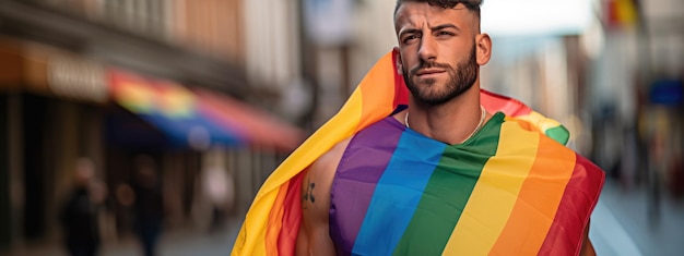 Retrato de un hombre con una bandera LGBT