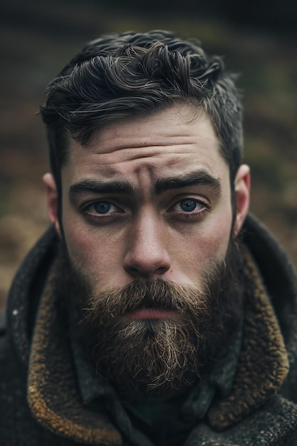 Retrato de un hombre con barba y bigote en las montañas