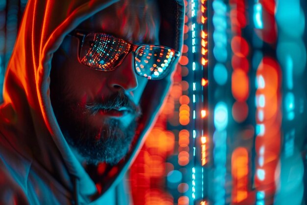 Foto retrato de un hombre barbudo con capucha y gafas de sol