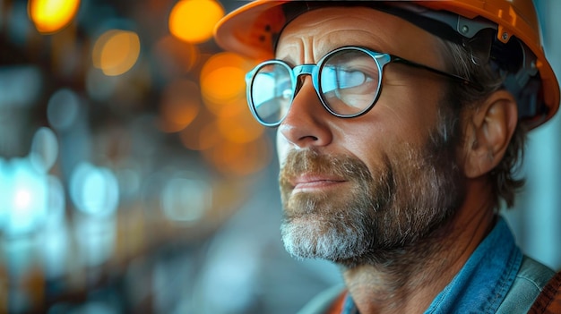 Retrato de un hombre barbudo con casco de construcción y gafas