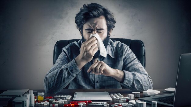 Foto retrato de un hombre barbudo enfermo estornudando y tosendo usa un pañuelo frotando la nariz