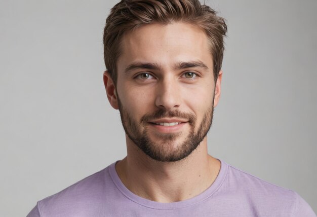 Foto retrato de un hombre barbudo con una expresión amistosa con una camiseta de lavanda contra un enfoque suave