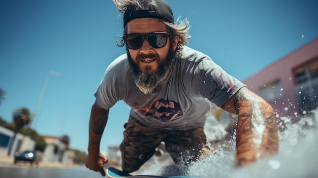 Retrato de un hombre barbudo con longboard en la ciudad