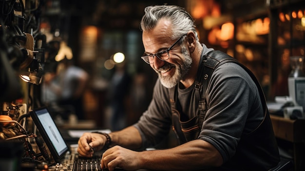 Retrato de un hombre barbudo maduro con gafas trabajando en una computadora portátil en un taller automotriz