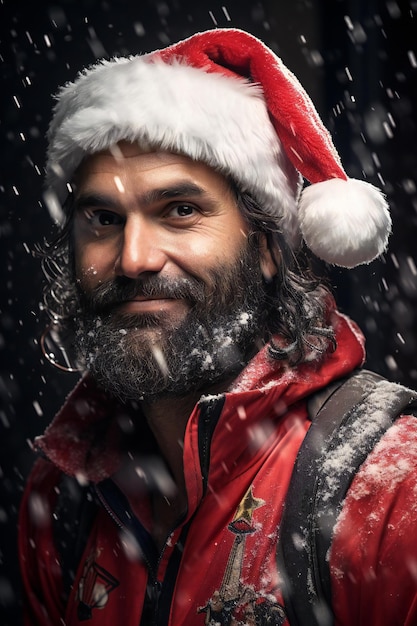 Retrato de un hombre barbudo con ropa de Santa Claus