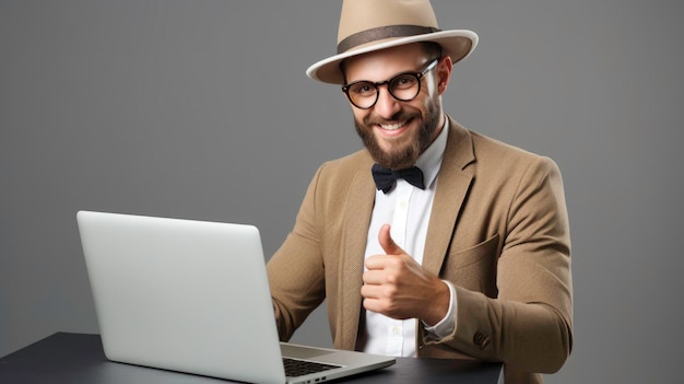 Retrato de un hombre barbudo satisfecho y encantado trabajando en una computadora portátil con una sonrisa y mostrando el pulgar hacia arriba