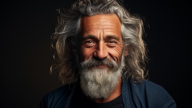 retrato de un hombre barbudo senior sonriente con pelo gris en el estudio