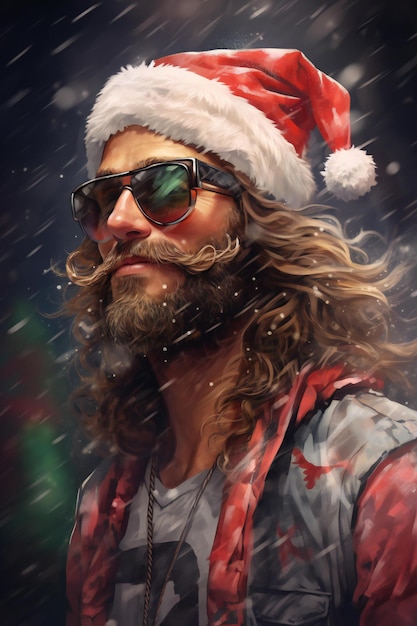 Retrato de un hombre barbudo con un sombrero de Papá Noel y gafas de sol