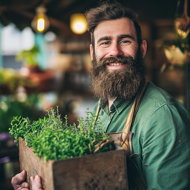 Retrato de un hombre barbudo trabajador de una pequeña empresa sosteniendo una caja de plantas frescas y sonriendo Ai generativo
