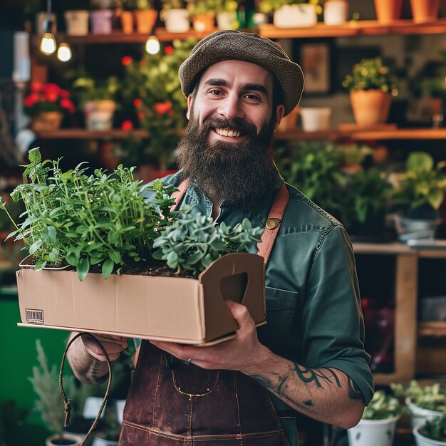 Retrato de un hombre barbudo trabajador de una pequeña empresa sosteniendo una caja de plantas frescas y sonriendo Ai generativo