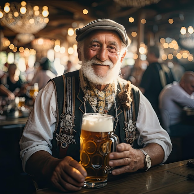 Retrato de hombre bebiendo y sosteniendo cerveza en Oktoberfest en traje tradicional