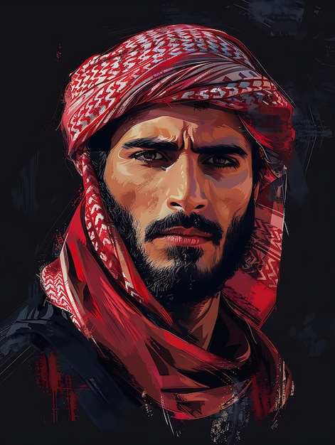 Retrato de un hombre beduino con un thobe tradicional y una camiseta de diseño de arte de tatuaje con marcos de tinta