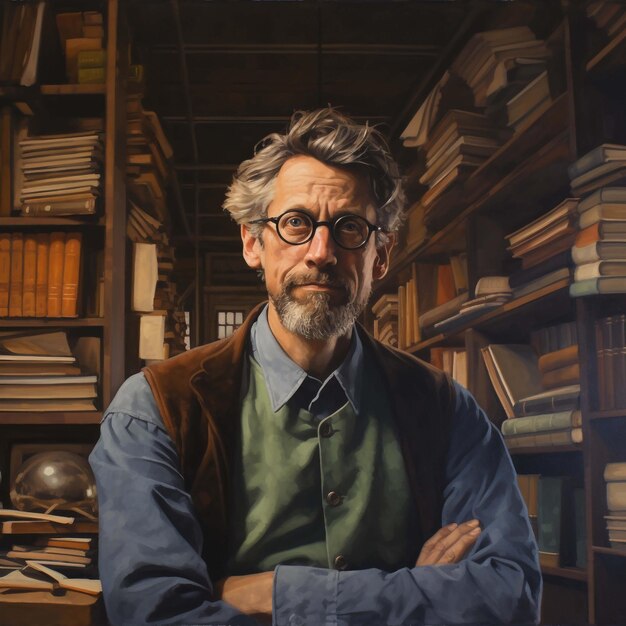 Foto retrato de un hombre en la biblioteca