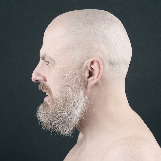 Foto retrato de un hombre calvo y barbudo de perfil