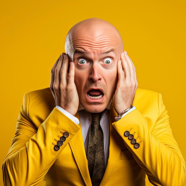 Foto retrato de un hombre calvo con las manos en la cabeza conmocionado usando una chaqueta de traje amarilla sobre un fondo amarillo