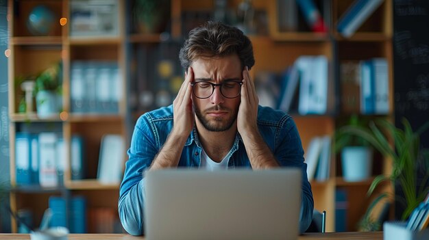 Retrato de un hombre cansado que sufre de dolor de cabeza o fatiga ocular después de largas horas de trabajo en la computadora