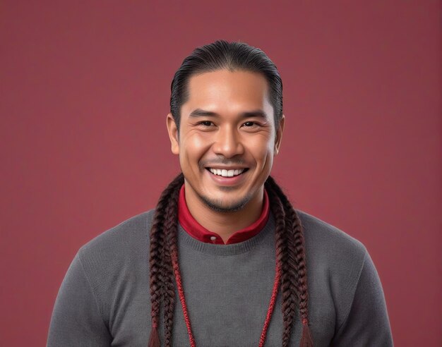 Foto retrato de hombre cara viril foto de cabeza de un hombre con cabello largo y un suéter gris