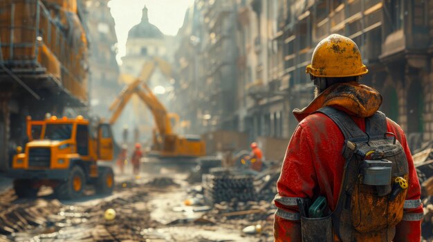 Retrato de un hombre con un casco de construcción en un sitio de construcción