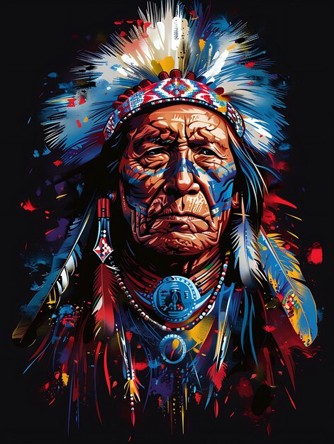 Retrato de un hombre cherokee con una camiseta tradicional de plumas en la cabeza Diseño de arte de tatuaje Marcos de tinta