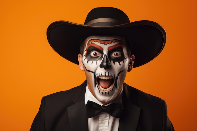 Retrato de un hombre con conmoción en maquillaje de Halloween y traje de fondo naranja