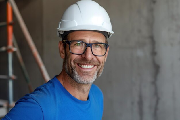 retrato de un hombre constructor o ingeniero con camiseta azul y casco blanco en una habitación renovada