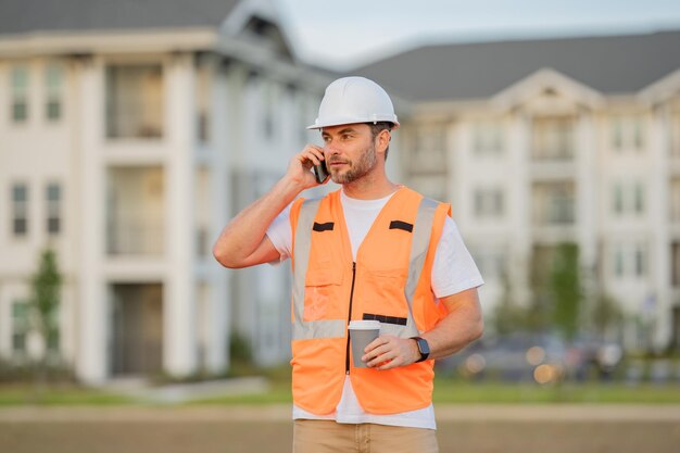 Retrato de hombre constructor, trabajador de la construcción con casco en la construcción del sitio de construcción